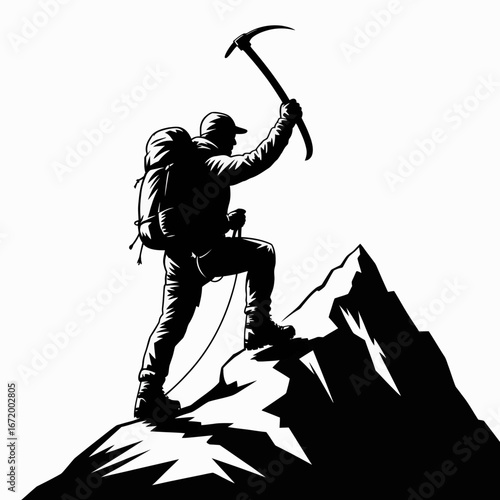 Climber Triumphantly Reaching Mountain Summit, Silhouette