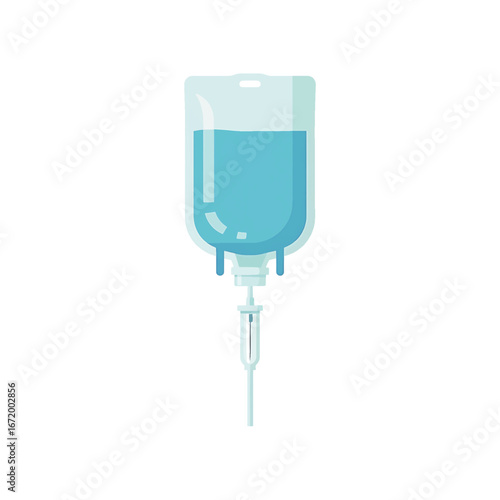 Illustration of an intravenous drip bag filled with a clear, blue liquid.