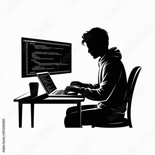 Coding Silhouette of Programmer at Laptop with Monitor