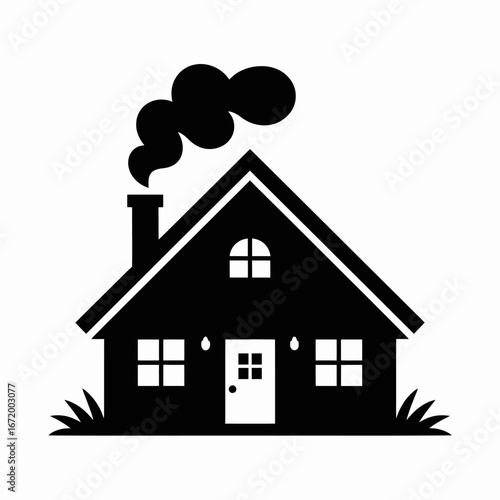 Cozy black house silhouette with chimney smoke