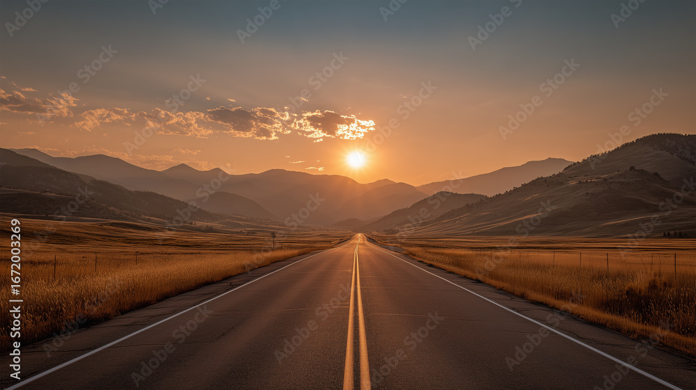 Fototapeta premium 夕焼け空で直線道路と山並みが続く静かな風景