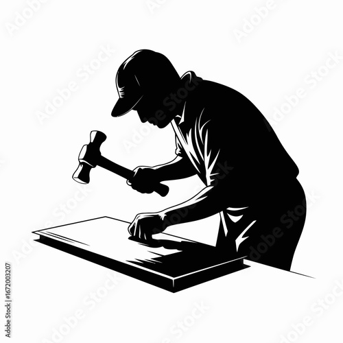 Craftsman Working with Hammer on Wood Surface
