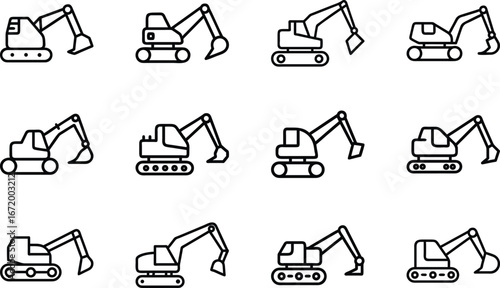 Collection of black line art excavator icons on white background digger construction