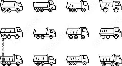Twelve black line art dump trucks on white background vehicle transport
