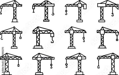 Collection of twelve black line art construction tower crane icons building industry