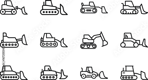 Collection of bulldozer and excavator line art icons on white background construction
