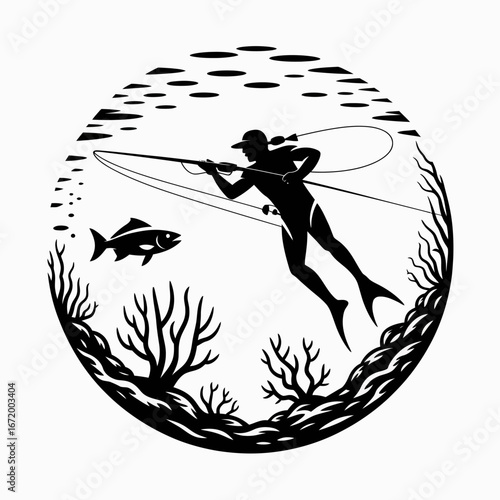 Diver Spearfishing Underwater Illustration