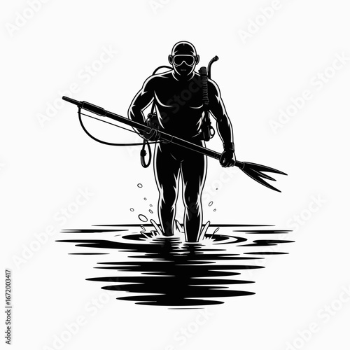 Diver with Speargun Emerging from Water Illustration