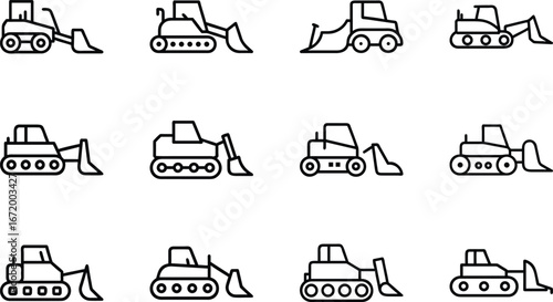 Collection of black line art bulldozer icons on white background construction heavy