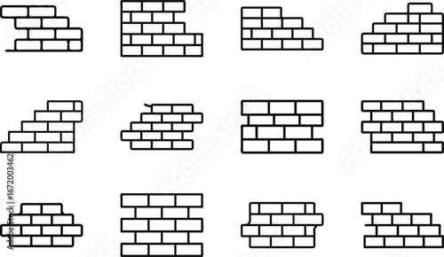 Collection of twelve black line art icons depicting various brick wall configurations