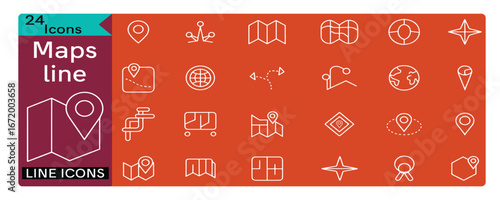 Maps line  editable icon set. Containing maps, location, GPS, navigation, city map, atlas, route, direction, pin and more. vector illustration