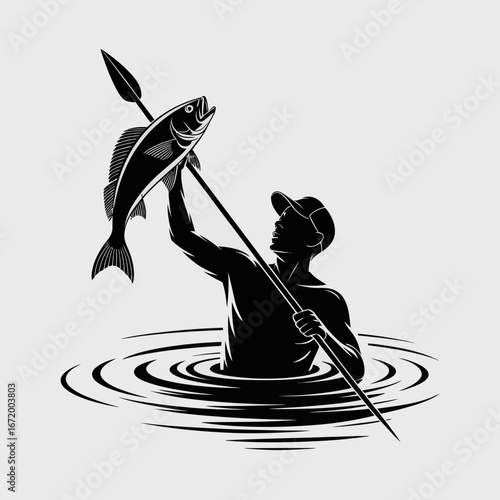 Fishing Man with Spear and Catching Fish Illustration