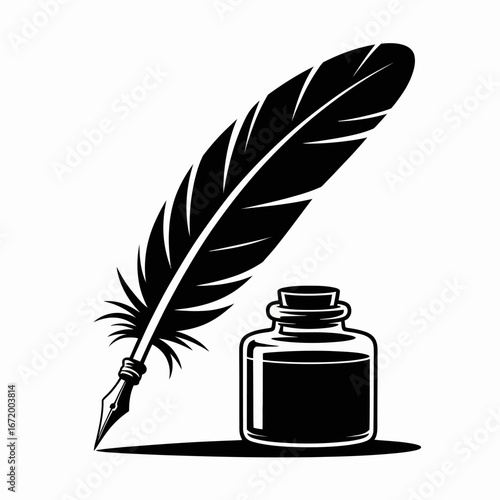 Feather Quill and Ink Bottle Illustration