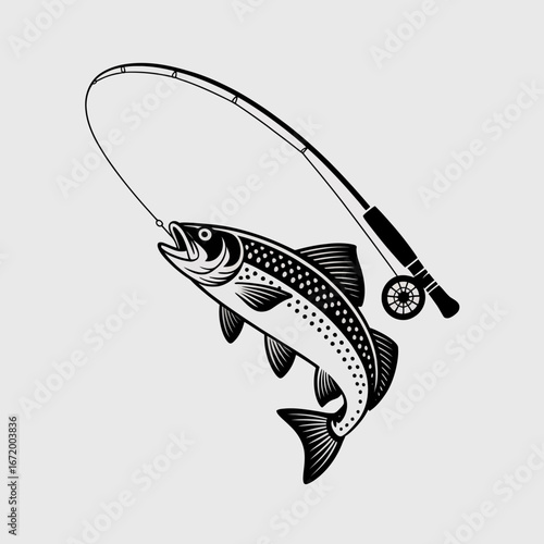 Fishing Illustration with Trout and Rod
