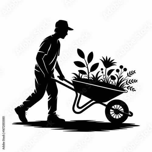 Gardener Silhouette with Wheelbarrow Full of Plants