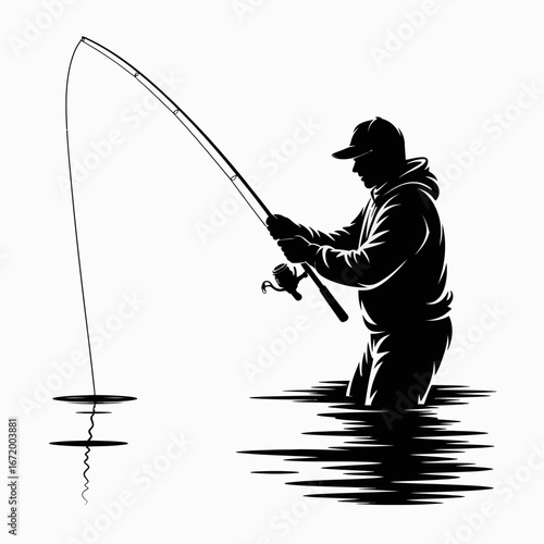 Fishing Silhouette Angler with Rod and Reel in Water