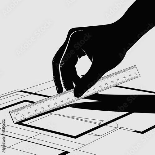 Hand Drawing with Ruler on Blueprint Background