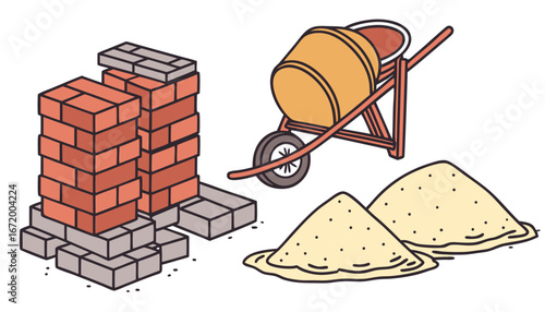 Building materials vector illustration. Piles of bricks, cement, sand on white background. Building, construction material, industrial concept