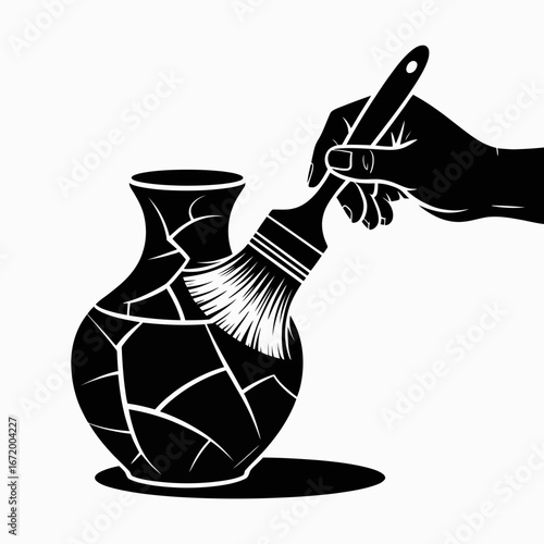 Hand Repairing Cracked Pottery with Brush