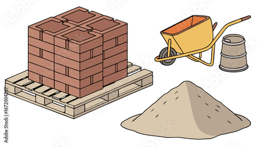 Building materials vector illustration. Piles of bricks, cement, sand on white background. Building, construction material, industrial concept