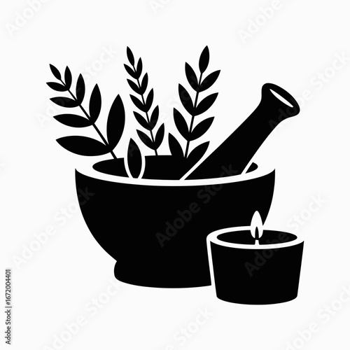 Herbal Mortar and Pestle with Candle Illustration