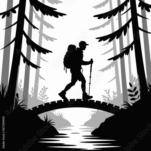 Hiker Crossing Bridge in Forest Silhouette Art