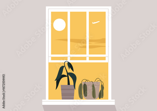 Heat wave, a Bright sunlight pours through an open window, so intense that the potted plants are wilted