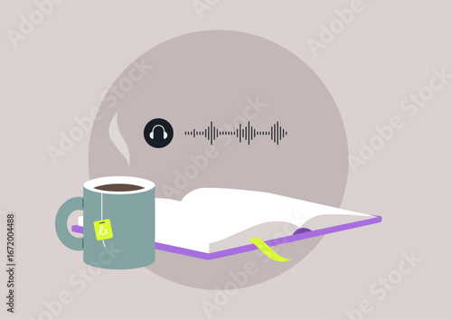 A calming atmosphere is created with a coffee mug alongside an open book, echoing the soothing vibes of an audiobook, Perfect for unwinding and sparking inspiration