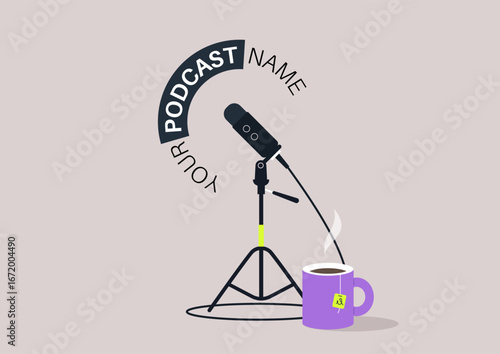 Brightly colored coffee mug sits beside a sturdy microphone on a stand, steam rising from the mug, perfect for online discussions in a cozy and inviting atmosphere