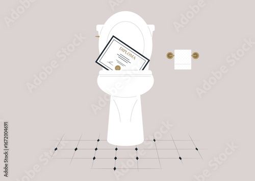 A diploma is humorously placed inside a toilet, symbolizes the irony of educational achievement discarded in an unexpected restroom environment