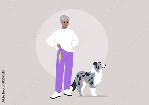 A cheerful dog owner stands confidently with a beautiful merle border collie by their side, The setting is inviting, showcasing a blend of comfort and happiness in their loyal companionship