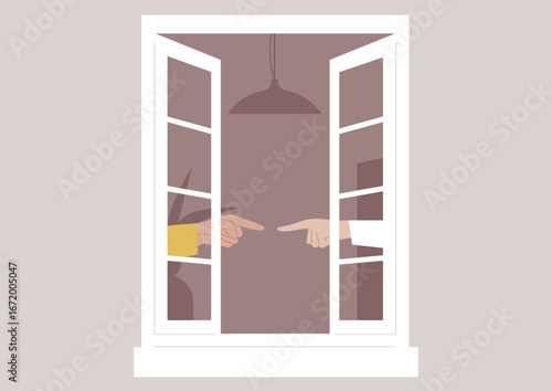 Two family members demonstrate intense conflict, exchanging pointed gestures through an open window, revealing a struggle for understanding and resolution amidst their emotional turmoil