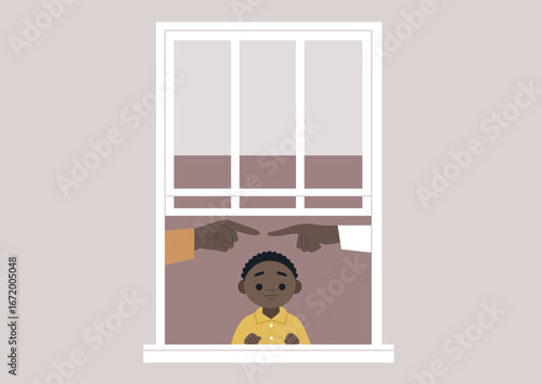 Heated words fill the air as parents argue passionately, unaware that their young child, standing by the window, is deeply affected by their conflict and emotions