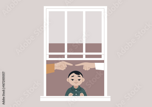 Heated words fill the air as parents argue passionately, unaware that their young child, standing by the window, is deeply affected by their conflict and emotions