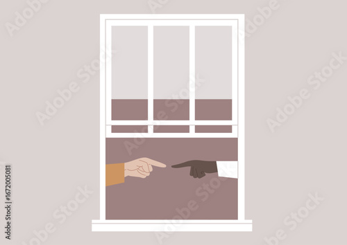 Two family members demonstrate intense conflict, exchanging pointed gestures through an open window, revealing a struggle for understanding and resolution amidst their emotional turmoil