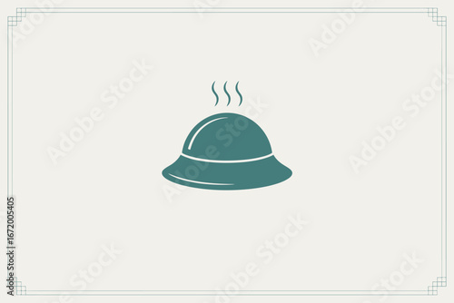 A teal serving dish with steam rising, centered on a cream background with a decorative border design