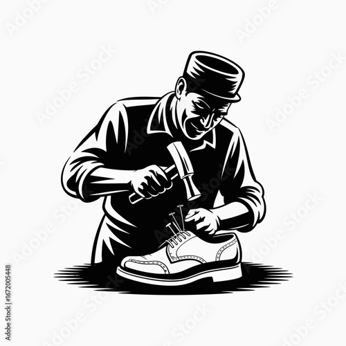 Shoe Repair Craftsman Working with Hammer and Nails