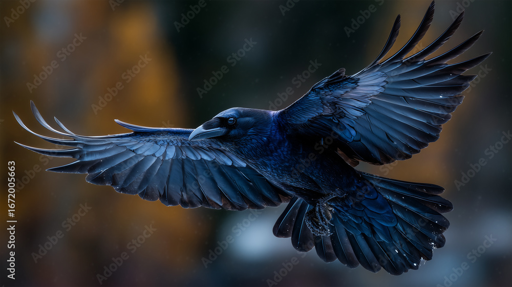 Obraz premium 琥珀の光に縁取られた黒いカラスの舞い