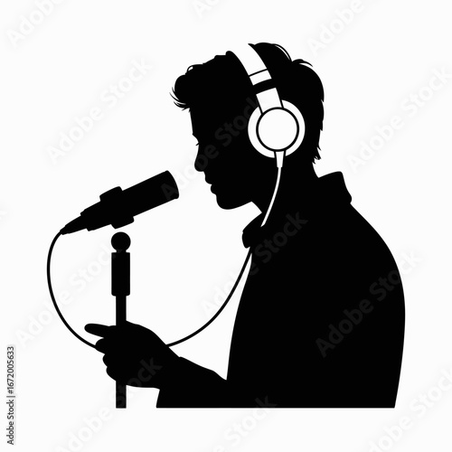 Silhouette of a Singer with Headphones and Microphone