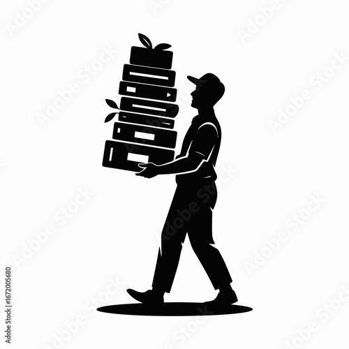Silhouette of a Worker Carrying Stacked Boxes