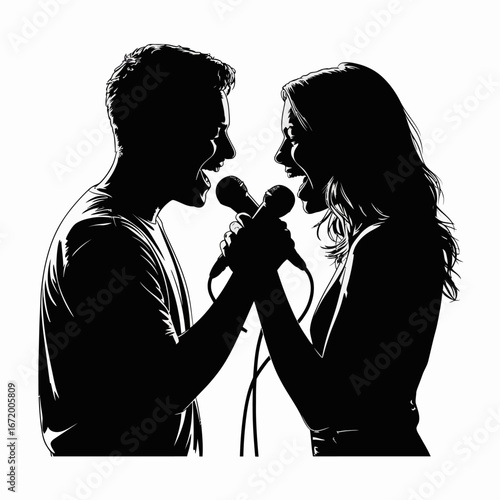Singing Duo in Silhouette with Microphones