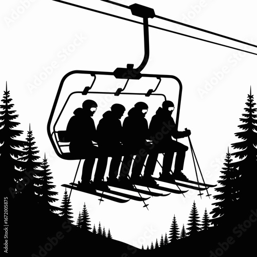 Skiers on Chairlift in Winter Landscape Silhouette