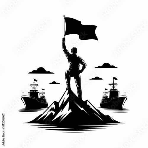 Victory Flag on Mountain with Ships