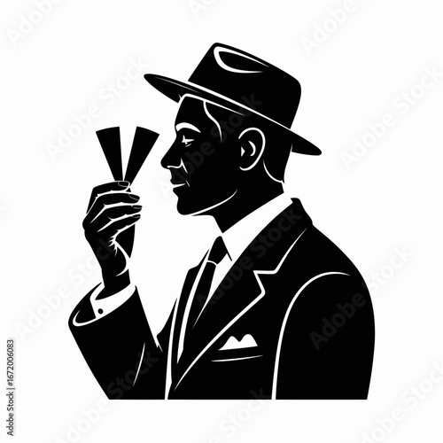 Vintage man with hat holding tickets, silhouette art