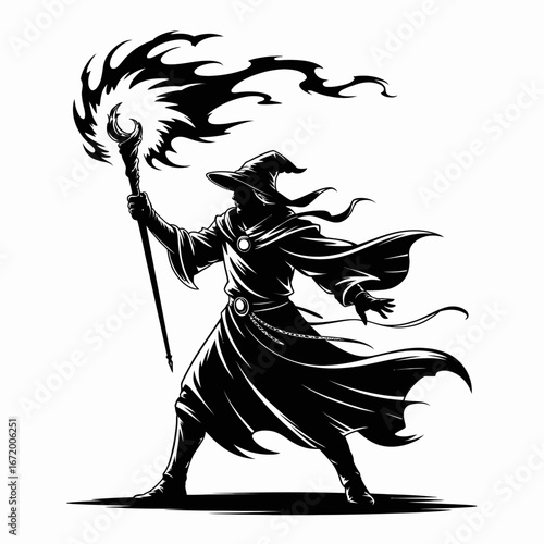 Wizard with Magic Staff and Flames Illustration