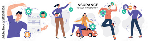 Insurance illustration set. People use different insurance services to buy policies for house, car, travel, and health. Design concept of insured persons, financial safety, and business protection