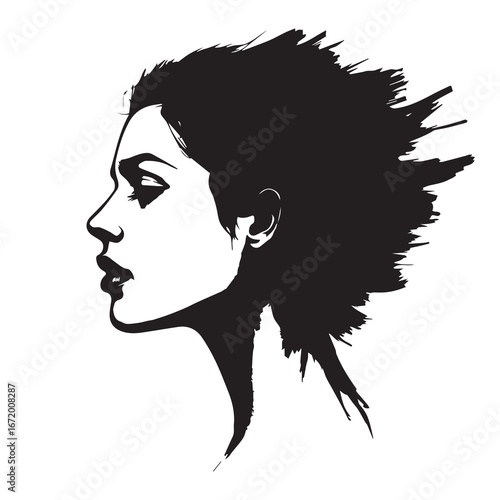 This artwork captures a striking silhouette rendered in minimalist black ink brush strokes, portraying dynamic hair fluttering in motion and evoking a sense of energy and freedom.