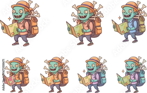 Cute cartoon zombie hiker with backpack and bones, holding a map, outdoor adventure, travel concept, funny undead character.