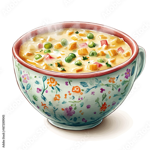 watercolor of Steaming Soup Bowl, vector, isolated on a white background.