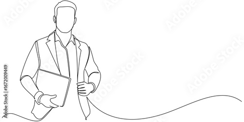 continuous one single line art doodle drawing of businessman holding document illustration